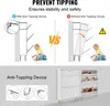 Comparison of a shoe cabinet with and without an anti-tipping device, showing a child interacting with the cabinet. Produktbild-Vorschau