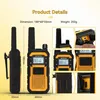 Collage of product details for a walkie-talkie, including dimensions, weight, and close-ups of the device. Anteprima dell’immagine prodotto