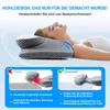 A woman is lying on her back with her head on an orthopedic pillow, demonstrating its use. Below this, there are two comparison images showing the negative effects of incorrect pillow use versus the benefits of the product. Produktbild-Vorschau