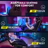 Three panels showcasing a gaming chair in different reclining positions for focus, reading, and rest, with on-screen text and graphics. Produktbild-Vorschau