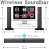 Diagram showing dimensions and features of a wireless soundbar system, including two tower speakers and a soundbar. Produktbild-Vorschau