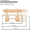 A wooden garden bench with different length variants indicated by dashed lines and measurements. Produktbild-Vorschau