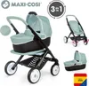 A collage of a Smoby Maxi-Cosi 3-in-1 Kombi doll stroller in mint green and black, showing different configurations and a close-up of the bassinet. Produktbild-Vorschau