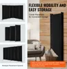 Collage of images showing a black room divider in various configurations and a lifestyle shot of the room divider in a living room. Náhľad obrázku produktu