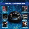 A collage of images showcasing the features of an inflatable gaming chair against a starry background. Produktbild-Vorschau