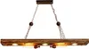 A chandelier with a wooden beam and metal chains, suspended against a white background. Produktbild-Vorschau