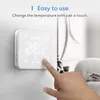 A hand is shown touching a smart thermostat mounted on a wall. Produktbild-Vorschau