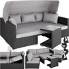 A modular rattan lounge set with a canopy and side tables, displayed on a white background with smaller inset images showing configuration options and accessories. Náhled obrázku produktu