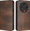 A brown leather flip case for a smartphone, shown from the front and back. Produktbild-Vorschau