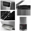 A collage of close-up images and a full product shot of a stainless steel trash can. Produktbild-Vorschau