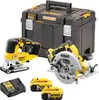 A DeWalt cordless tool combo kit including a jigsaw, circular saw, two batteries, a charger, and a storage case, displayed against a white background. Produktbild-Vorschau