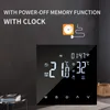 A digital thermostat display with text overlays highlighting its features. Produktbild-Vorschau