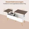 Diagram showing the dimensions of a coffee table with its lift-top mechanism. Podgląd zdjęcia produktu