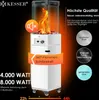 A marketing image of a white gas patio heater with a glass enclosure and flames, featuring various feature callouts and text. Produktbild-Vorschau