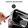 A close-up shot of a hand plugging a charger into a black cordless vacuum cleaner. Produktbild-Vorschau
