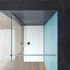 A top-down view of a modern shower enclosure with a white shower tray, glass walls, and wooden flooring. Produktbild-Vorschau