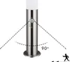 A stainless steel outdoor lamp with a motion sensor is shown, with dashed lines indicating its 90-degree detection range and a silhouette of a person running. Produktbild-Vorschau