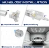 Collage showing installation steps and a final installation of hexagonal LED lights in a garage with a car. Voir les images du produit