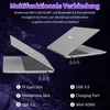 A marketing image showing two views of an open laptop with callouts for its ports and features. Produktbild-Vorschau
