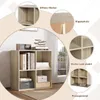 A collage showcasing a wooden cube shelf with various decorative items and books, highlighting its features with callouts. Náhľad obrázku produktu