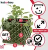 A green ceramic pot with a plant inside, shown with various measurement indicators and icons. Produktbild-Vorschau