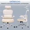 Two views of a cream-colored office chair with measurement annotations. Voir les images du produit