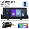 This is a product collage for a car stereo system for a BMW E90. The main image shows the stereo unit, with smaller images showing a reverse camera and a phone screen displaying CarPlay and Android Auto. Náhled obrázku produktu