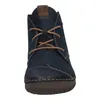 A front view of a blue leather boot with brown laces and stitching. Produktbild-Vorschau