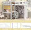 A loft bed with a desk and wardrobe integrated underneath, shown in a child's room setting. The image includes close-up details of the bed's features. Náhled obrázku produktu