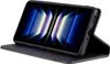 A black flip case for a smartphone is shown in a studio setting, propped open to display the phone's screen. Produktbild-Vorschau