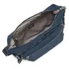 A blue Kipling crossbody bag is shown from a top-down perspective, with the main compartment open. Produktbild-Vorschau