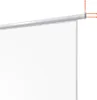 A close-up view of the top edge of a white projection screen and its silver roller bar. Produktbild-Vorschau