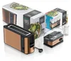 A product collage featuring a copper toaster, an egg cooker, and their packaging. Podgląd zdjęcia produktu