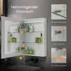 A bathroom cabinet with its doors open, showcasing its interior shelves and storage. Insets highlight specific features like glass shelves, hinges, and door opening angle. Podgląd zdjęcia produktu