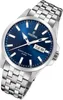 A close-up studio shot of a men's wristwatch with a blue dial and silver metal band, set against a white background. Produktbild-Vorschau