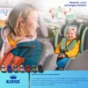 A mother and child in a car, with a map overlay and product color swatches. Produktbild-Vorschau