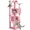 A pink cat tree with three cats on it, set against a white background. Produktbild-Vorschau