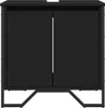 A black washbasin cabinet with two doors and a metal frame base, shown against a white background. Produktbild-Vorschau