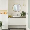 A modern bathroom vanity with a round mirror above it. Produktbild-Vorschau