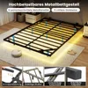 A metal bed frame is shown on a rug with yellow LED lighting underneath. There are also close-up shots of the bed frame's construction. Podgląd zdjęcia produktu