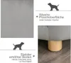 Collage of images showing details of a pet sofa, including its soft surface, a dog silhouette, and a wooden leg. Produktbild-Vorschau