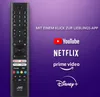 A remote control is shown next to logos of popular streaming services, with German text indicating quick access to favorite apps. Produktbild-Vorschau