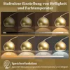 A graphic demonstrating the adjustable brightness and color temperature of a lamp, with a memory function feature. Produktbild-Vorschau