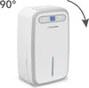 A white and gray dehumidifier is shown from a slightly elevated front-left angle against a white background. Text and an arrow indicate a 90-degree rotation. Produktbild-Vorschau