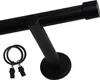 A black curtain rod with a bracket and two curtain rings with clips. Podgląd zdjęcia produktu