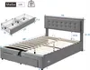 A diagram of a gray upholstered bed frame with dimensions and storage baskets shown separately. Náhled obrázku produktu