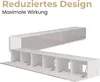 A white TV lowboard shown from two angles, one closed and one open, against a white background. Text overlays describe the product. Produktbild-Vorschau