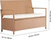 A brown PE rattan storage bench with a cream cushion, shown from the front with dimensions indicated. Produktbild-Vorschau