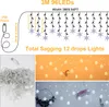 Collage of images showing LED snowflake string lights, including a diagram with dimensions and close-ups of the lights. Produktbild-Vorschau
