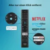 A remote control with various buttons and logos of streaming services, along with text highlighting features. Produktbild-Vorschau